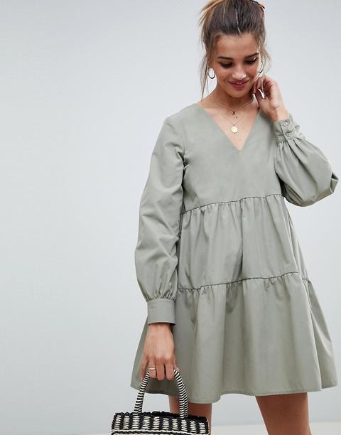 Asos Design - Vestitino Grembiule A Maniche Lunghe In Cotone A Balze - Verde