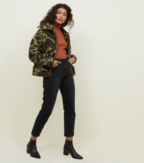 Green Camo Teddy Bomber Jacket New Look