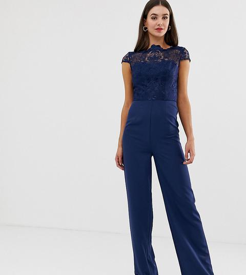 Chi Chi London Tall - Tuta Jumpsuit E Accollata 2 In 1 In Pizzo Blu Navy - Navy