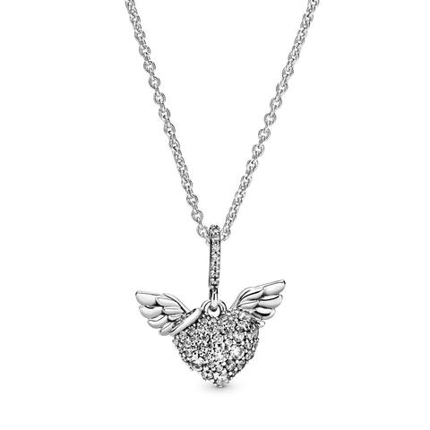 Pandora Pavé Heart And Angel Wings Necklace - Sterling Silver / Clear