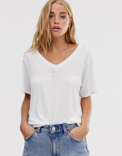 Pull&bear - T-shirt Bianca Basic Con Scollo A V - Bianco