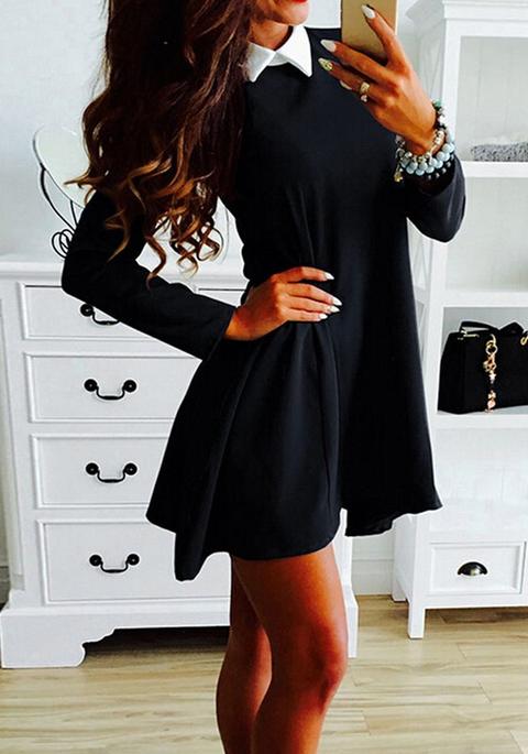 Black Plain Draped Long Sleeve Casual Mini Dress