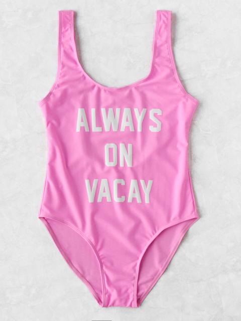 Contrast Slogan Scoop Neck Swimsuit