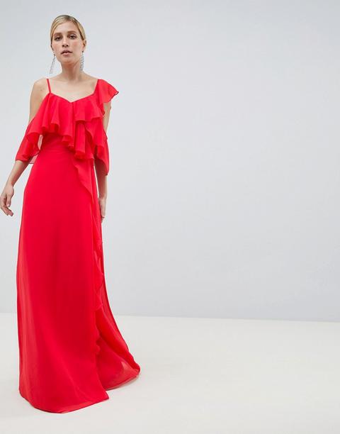 Asos Design - Vestito Lungo A Portafoglio Con Volant - Rosso