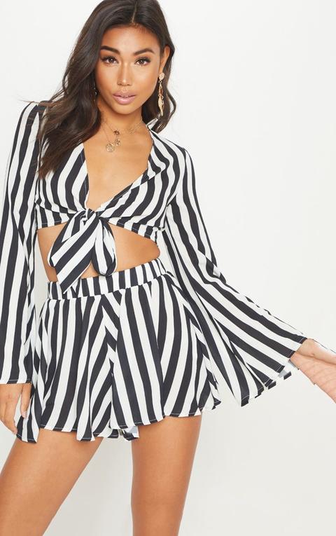 Monochrome Flute Sleeve Tie Front Stripe Blouse