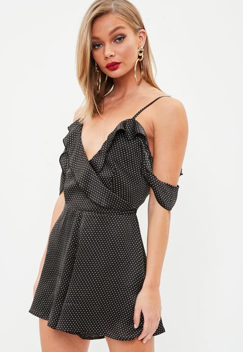 Black Polka Dot Ruffle Wrap Playsuit