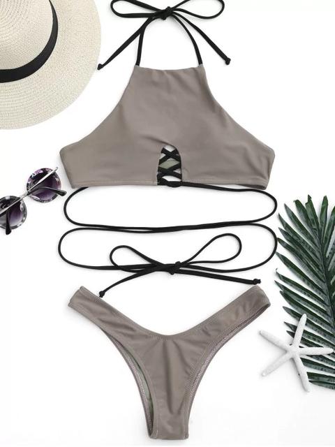 High Cut Halter Lace Up Thong Bikini