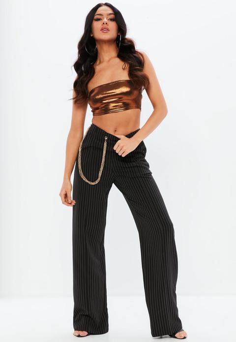 Madison Beer X Missguided Black Pinstripe Gold Chain Wide Leg Trousers, Black