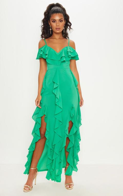 Bright Green Cold Shoulder Ruffle Detail Maxi Dress