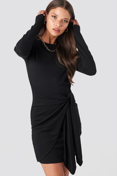 Belted Long Sleeve Mini Dress Schwarz