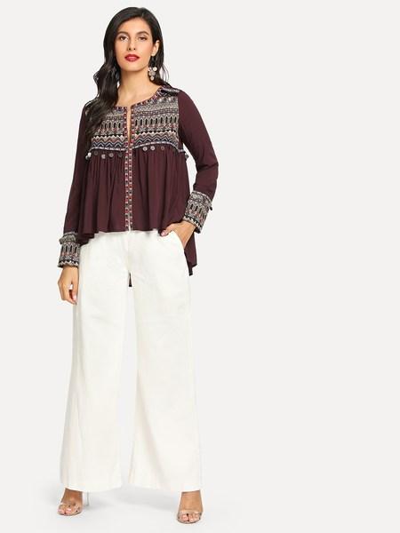 Blusa Con Bordado De Canesú Y Ribete De Flecos