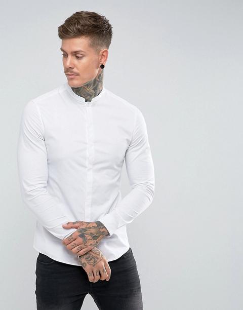 Asos - Camicia Skinny Con Collo Alla Coreana - Bianco