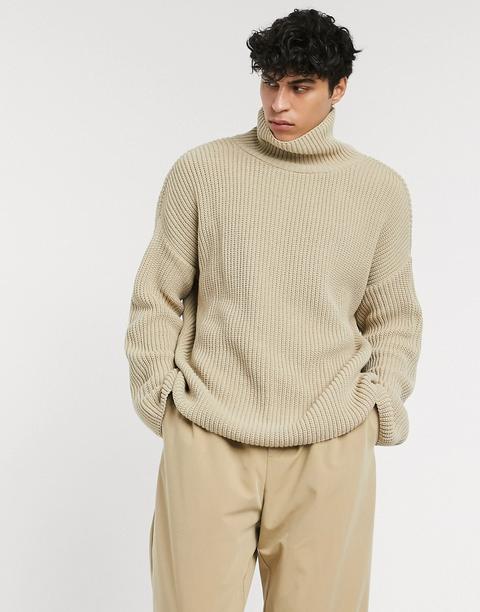 Asos Design Oversized Funnel Neck Jumper In Neutral-beige