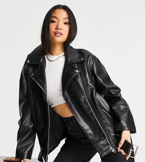 Asos Design Petite - Blouson Style Motard Long Et Oversize Imitation Cuir - Noir