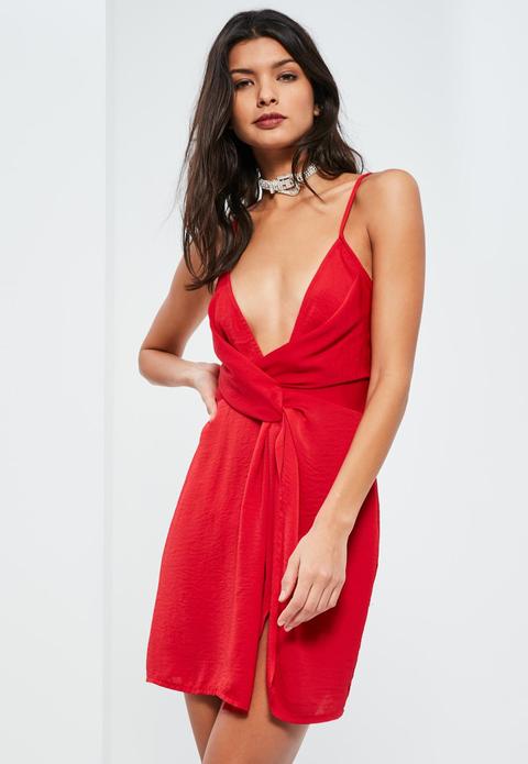 Red Silky Strappy Knot Front Shift Dress