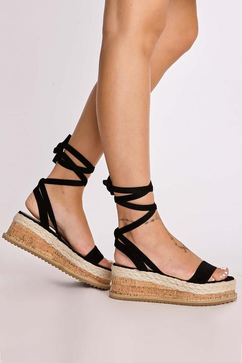 Black Espadrilles - Selby Black Faux Suede Tie Leg Platform Espadrilles