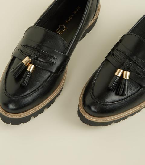 Black Leather Chunky Sole Loafers New 