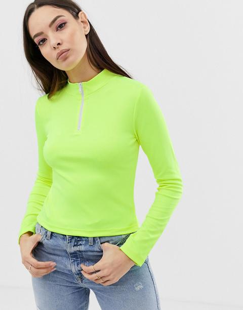 Asos Design - Top Verde Fluo Accollato Con Zip - Verde