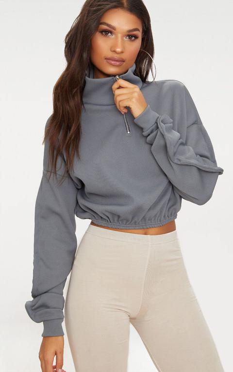 Grey Rib Zip Front Long Sleeve Sweater