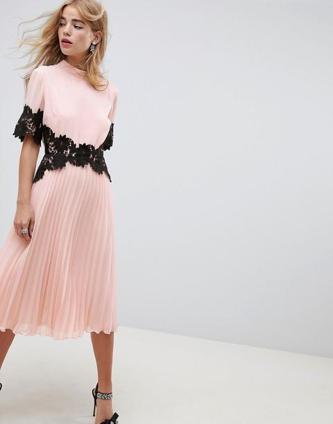 Asos Design - Vestito Midi A Pieghe Con Pizzo In Vita E Sul Fondo Manica - Rosa