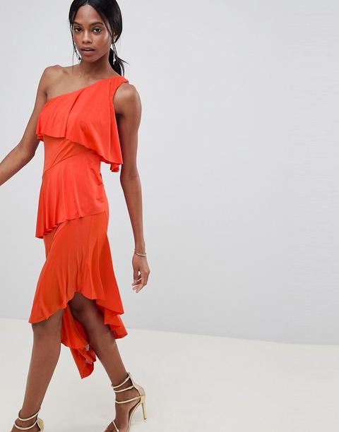 Vestido Midi A Capas Con Diseño Asimétrico Y Drapeado De Asos Design-naranja