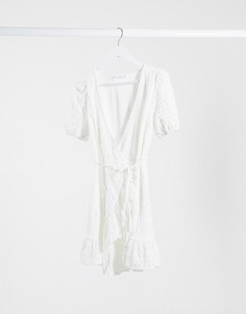 Mango Wrap Detail Mini Dress In White Broderie