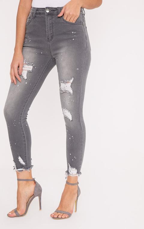 Grey Bleach Splatter Distress High Waisted Skinny Jean, Grey