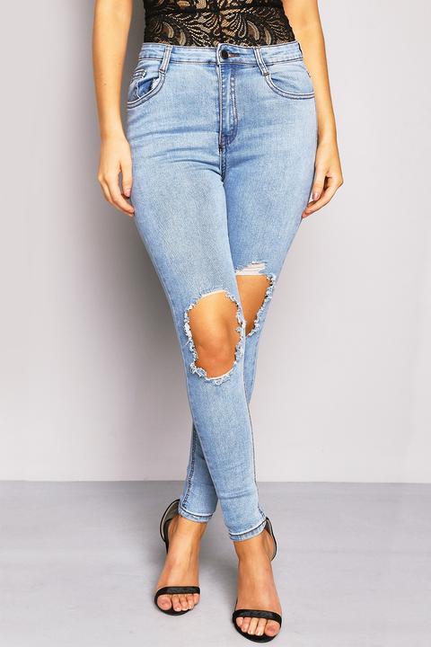 Blue High Waisted Ripped Knee Skinny Jeans