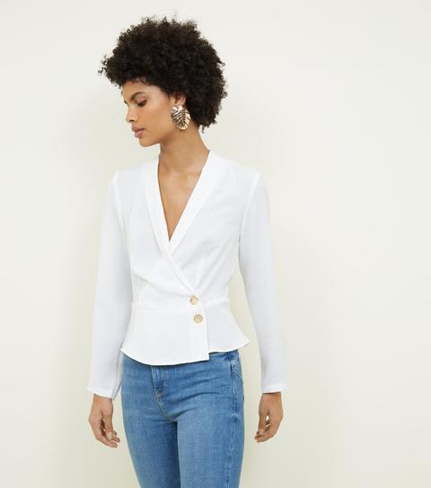 Off White Button Wrap Front Top New Look