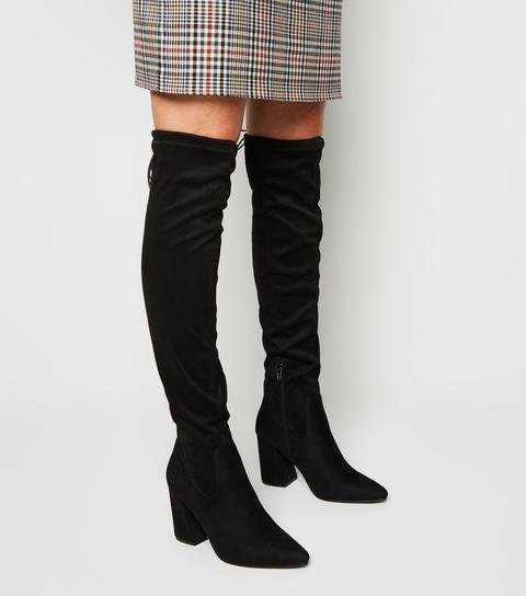 Black Suedette Over The Knee Flared Heel Boots New Look