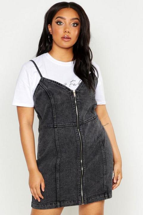 Plus Acid Wash O-ring Zip Denim Pinafore - Gris - 46, Gris