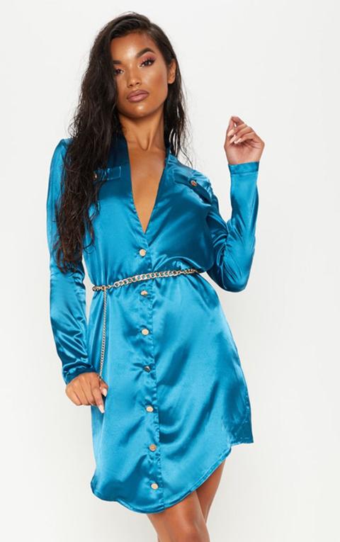 Teal Satin Button Detail Shirt Dress