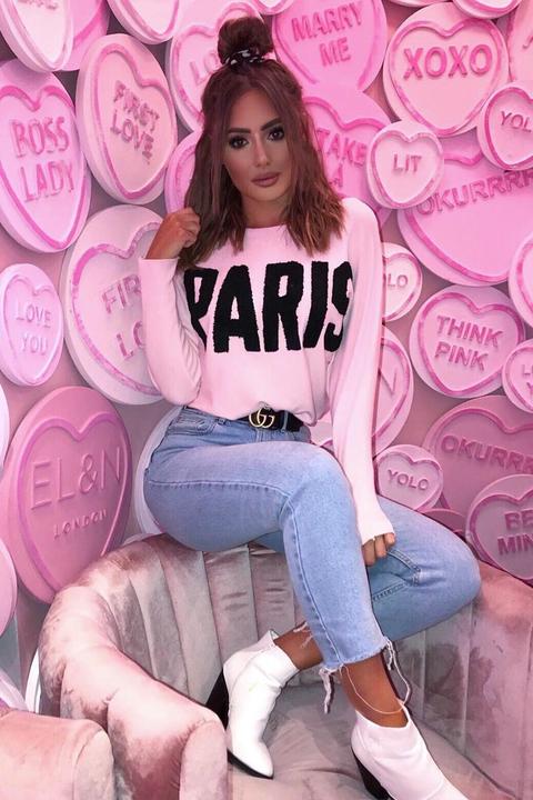 Pink Rib Knit Paris Slogan Jumper - Khylah