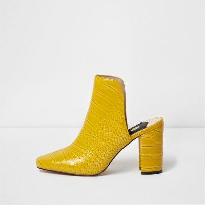 Yellow Croc Block Heel Mules