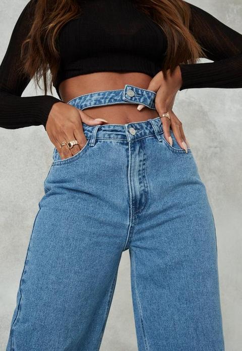 Blue Double Waistband Wide Straight Leg Jeans, Blue