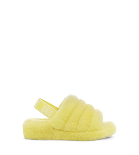 Ugg Women's Fluff Yeah Logo Slide In Neon Yellow, Size 6, Shearling