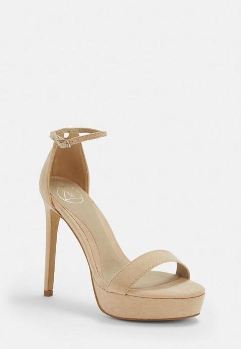 Nude Faux Suede Simple Strap Platform Heeled Sandals, Nude