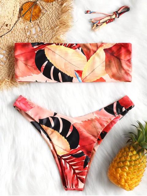 Bandeau Leaf Print Bralette Bikini Set Colormix