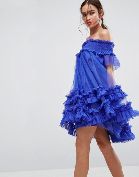 Asos - Vestitino In Tulle Arricciato Con Scollo Alla Bardot - Blu