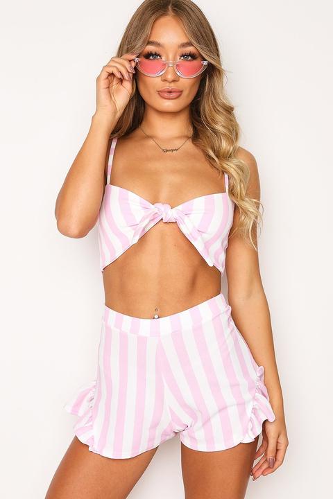 Pink Stripe Tie Front Crop Top