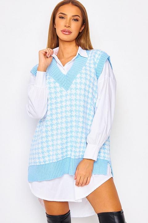 Pull Bleu Sans Manches Motif Pied De Poule