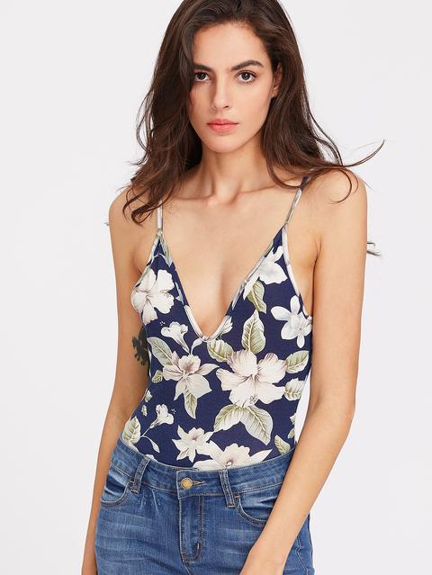 Flower Print Low Back Plunging Cami Bodysuit