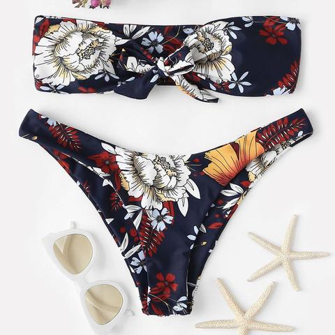 Set Bikini Bandana A Fiori Con Motivo Floreale E Fiocco Davanti