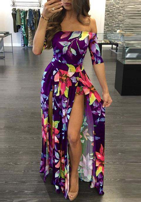 Maxi Vestito Scollo A Barca Floreale Ritagliato Viola