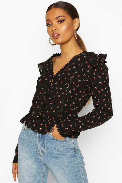 Womens Ditsy Rose Print Ruffle Detail Blouse - Black - 10, Black