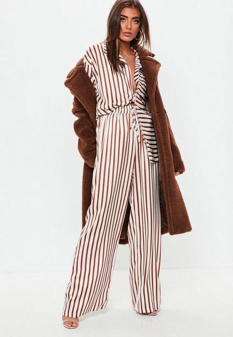 Brown Wide Leg Striped Satin Trousers, Brown