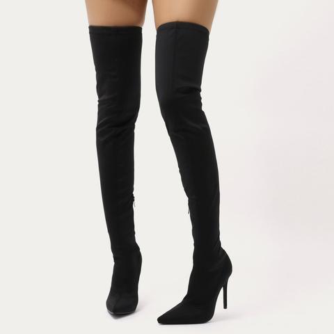 Dazzle Sock Fit Pointed Toe Over The Knee Boots In Black Stretch