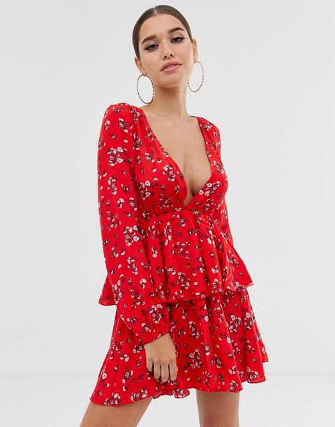 Vestido De Manga Larga Con Volantes Y Estampado Floral De Club L-rojo