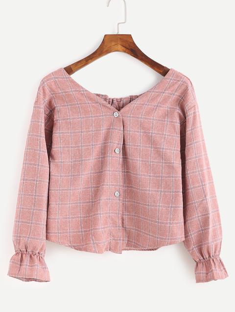 Pink Plaid Boat Neck Button Front Blouse