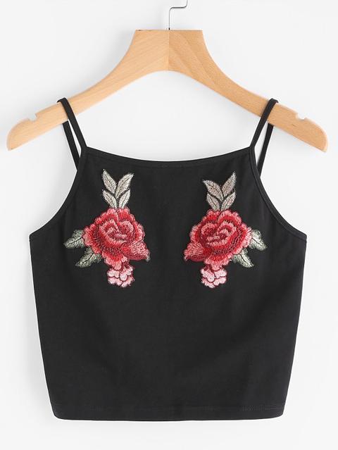 Top Spallini Con Applique Di Rosa Ricamata